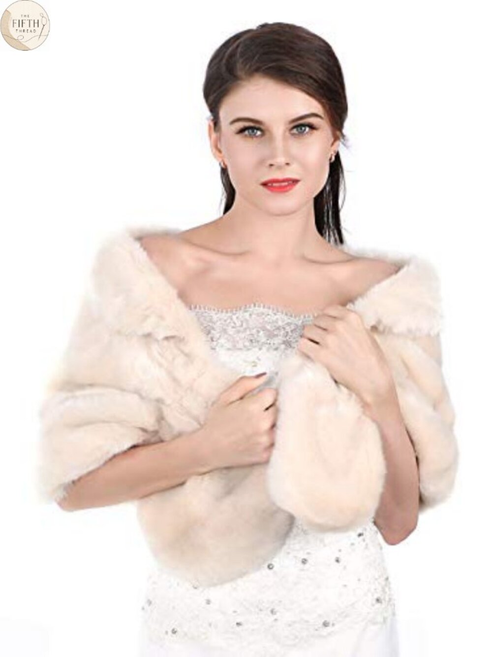 Faux Fur Wedding Shawl Wrap with Rhinestone Brooch Bridal Stole